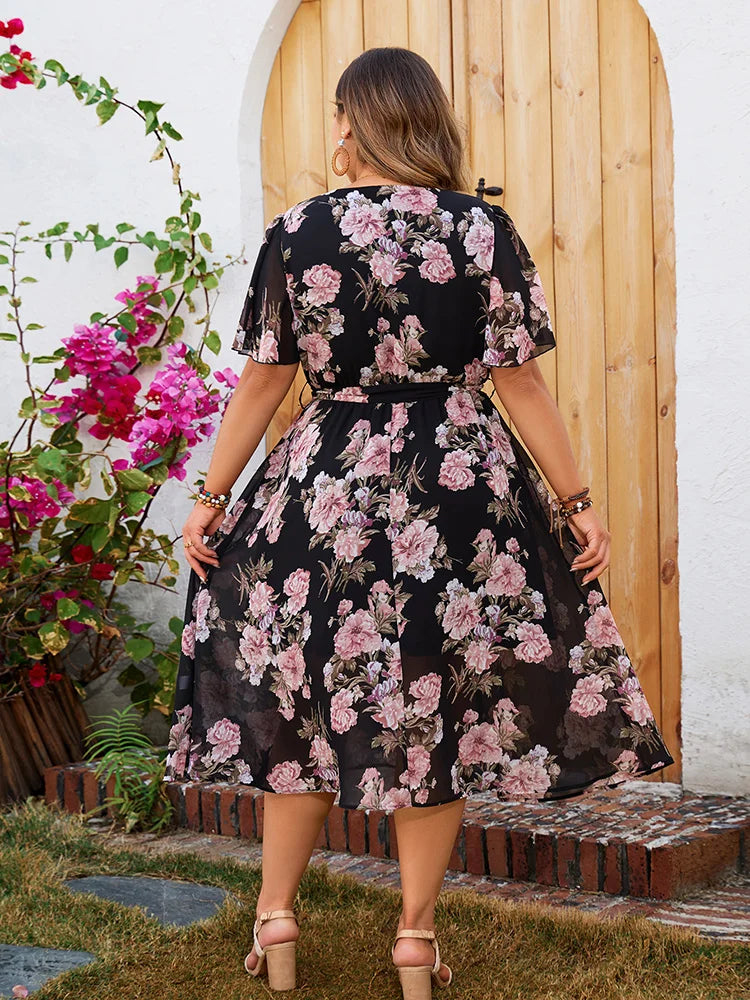 Plus Size Boho Floral Butterfly Sleeve Belted Dress
