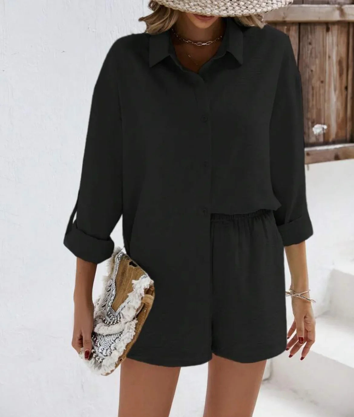 Spring Shirt and Shorts Set – Solid Colour Lapel Top with High-Waist Elastic Shorts