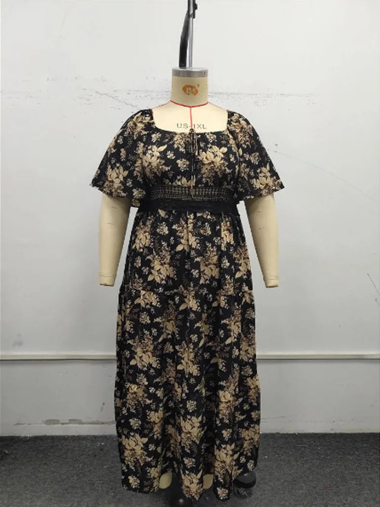 Plus Size Boho Floral Maxi Dress – Elegant Square Neck | Knot Front
