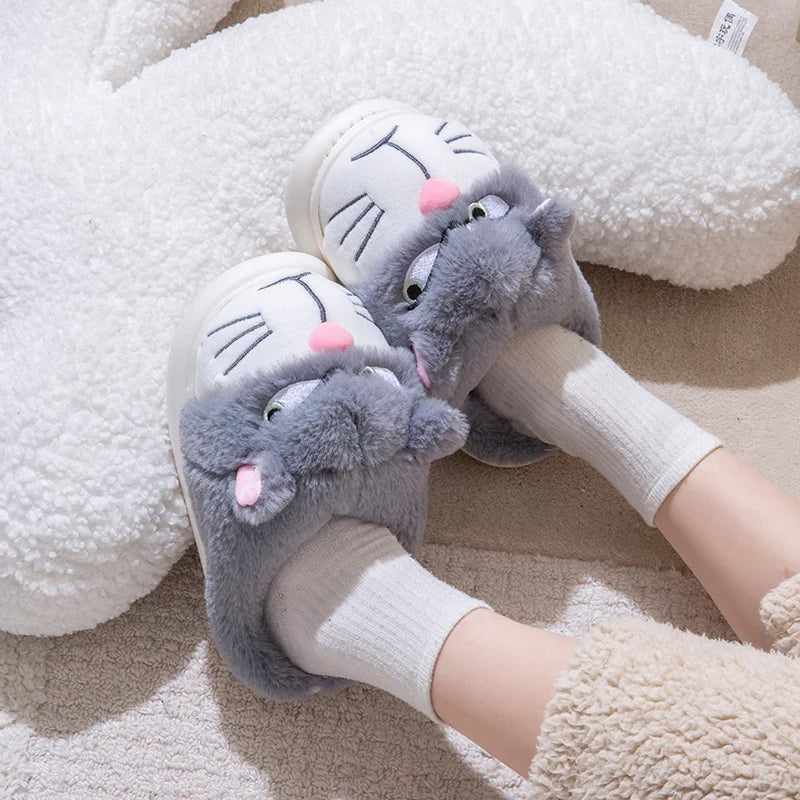 Women's Cat Plush Winter Slippers Indoor Furry House Shoes with Embroidered Face