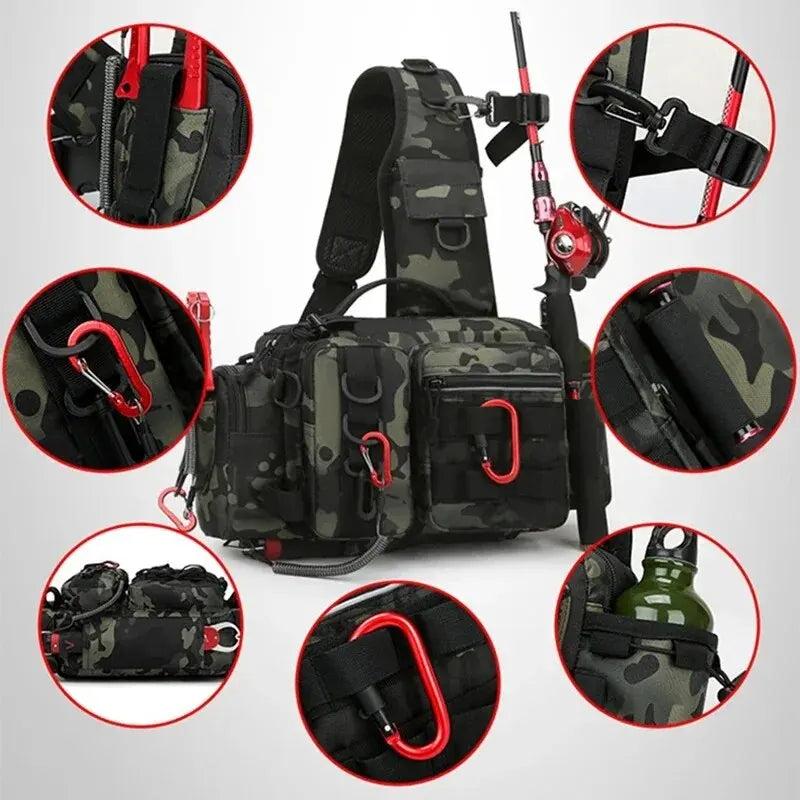 Fishing Tackle Sling Backpack – Gear Storage Bag with Rod Holder & Lure Box Organizer