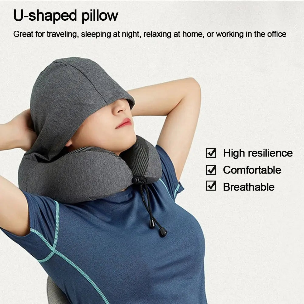 Hooded U-Shaped Travel Pillow – Memory Foam Neck Support for Sleep, Flights & Office