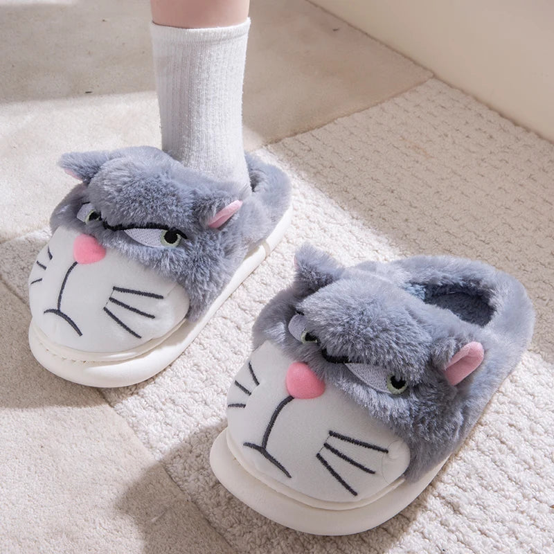 Women's Cat Plush Winter Slippers Indoor Furry House Shoes with Embroidered Face