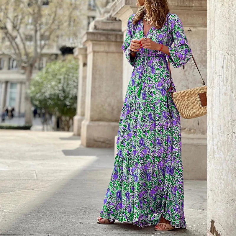 Women's Autumn Bohemian Printed Dress – V-Neck, Long Sleeve, High Waist Casual Style