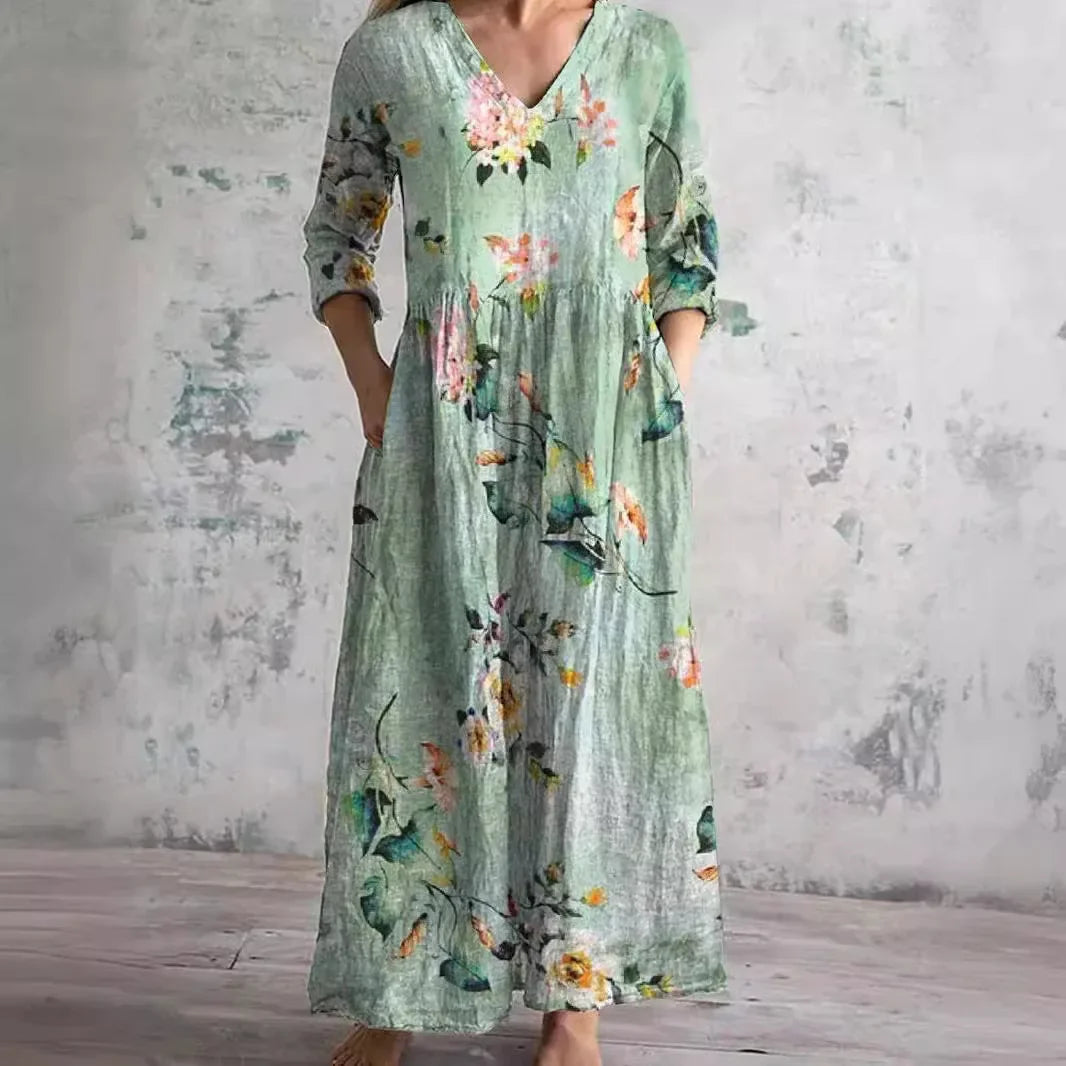 Women’s Casual Floral Print Midi Dress – Elegant Mid-Length V-Neck One-Piece