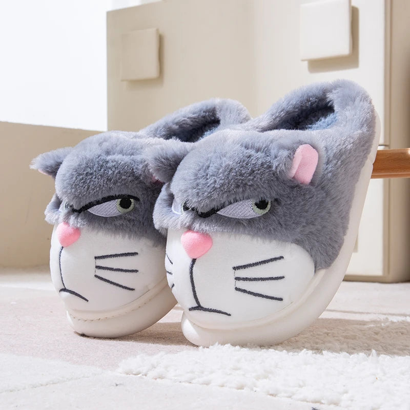 Women's Cat Plush Winter Slippers Indoor Furry House Shoes with Embroidered Face