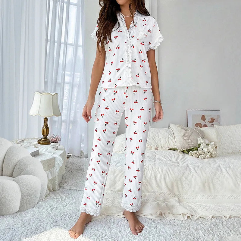 Cherry Print Lace Patchwork Pyjama Set – Cute 2PCS Summer Loungewear Set