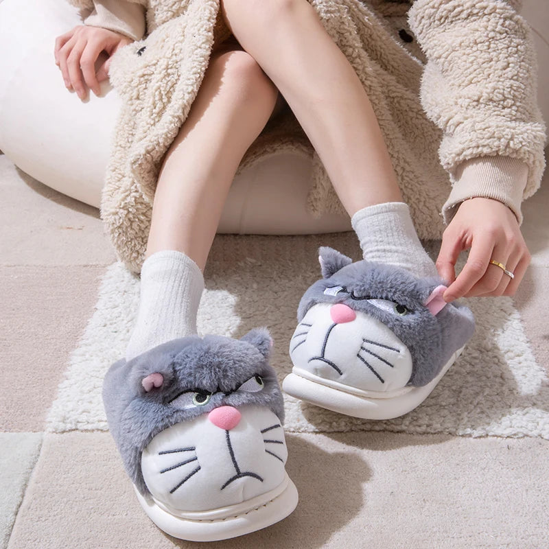 Women's Cat Plush Winter Slippers Indoor Furry House Shoes with Embroidered Face