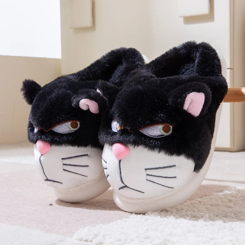Women's Cat Plush Winter Slippers Indoor Furry House Shoes with Embroidered Face