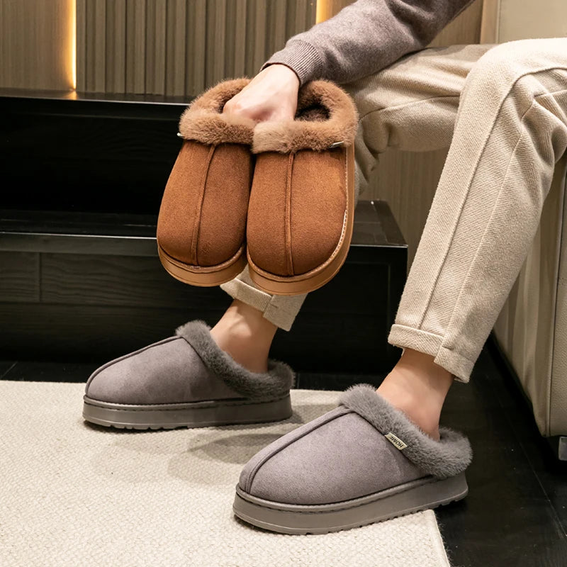 Winter Indoor Slippers Thick Sole Faux Suede Anti-Slip House Shoes Plush Lining