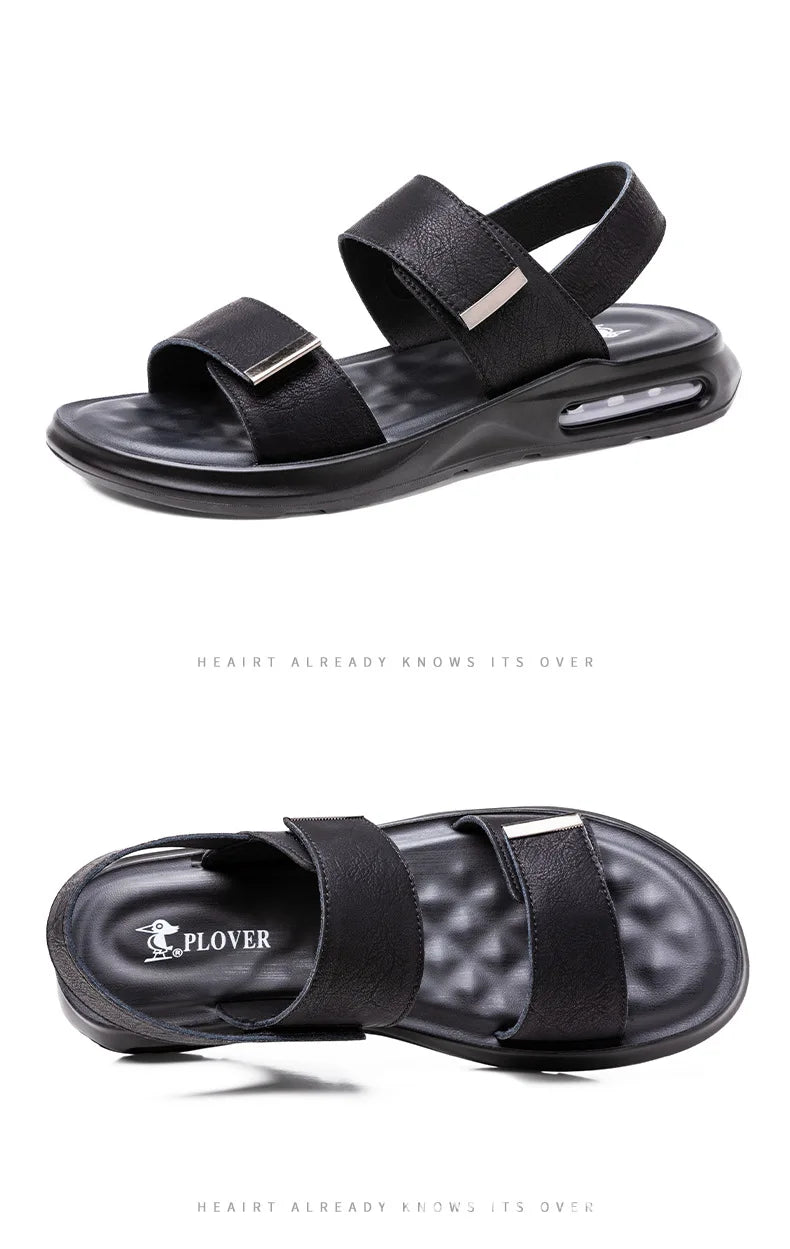 Men’s Summer Leather Sandals – Casual Beach Shoes with Hook & Loop Strap