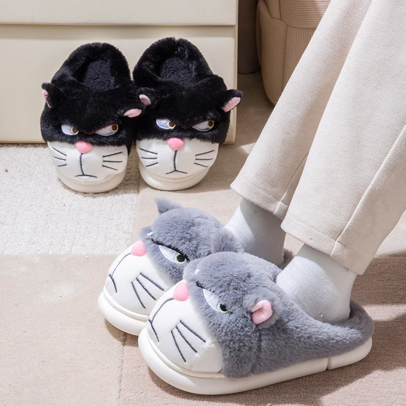 Women's Cat Plush Winter Slippers Indoor Furry House Shoes with Embroidered Face