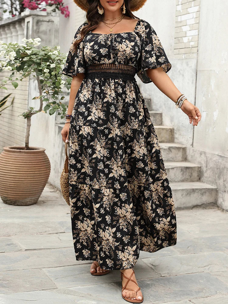 Plus Size Boho Floral Maxi Dress – Elegant Square Neck | Knot Front