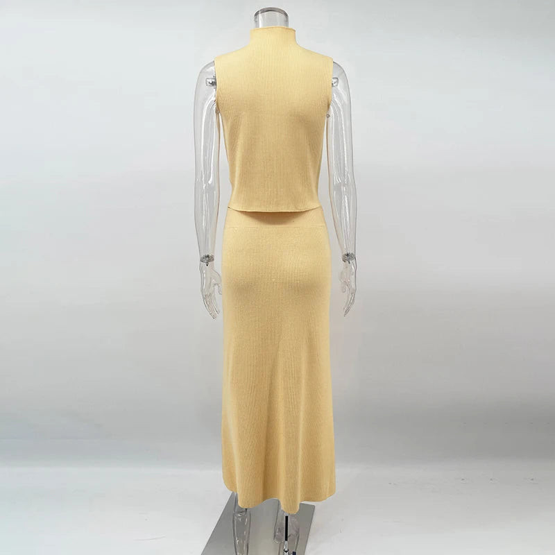 Elegant Knitted Two-Piece Set – Sleeveless Turtleneck Vest & High Waist Skirt