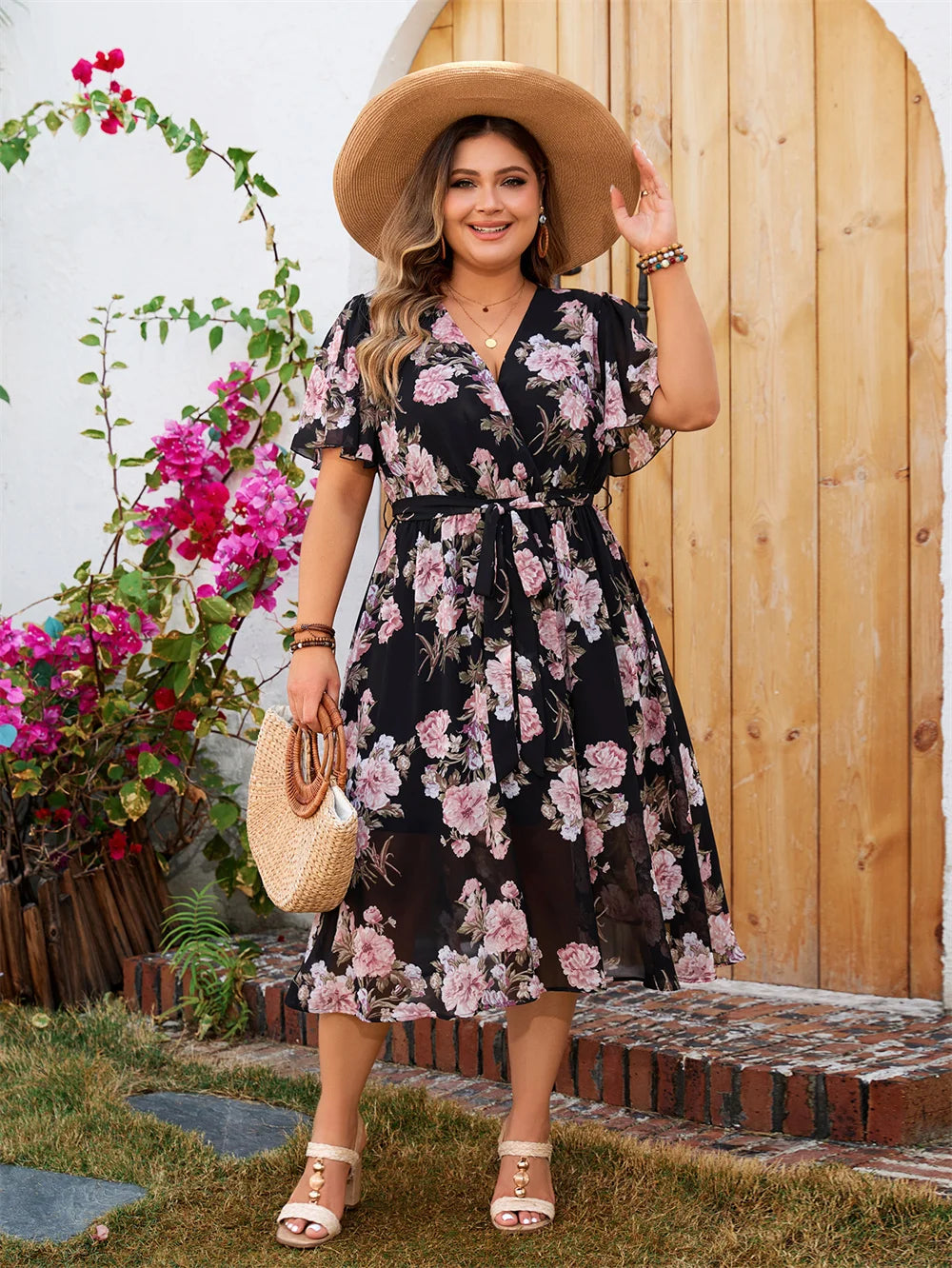 Plus Size Boho Floral Butterfly Sleeve Belted Dress