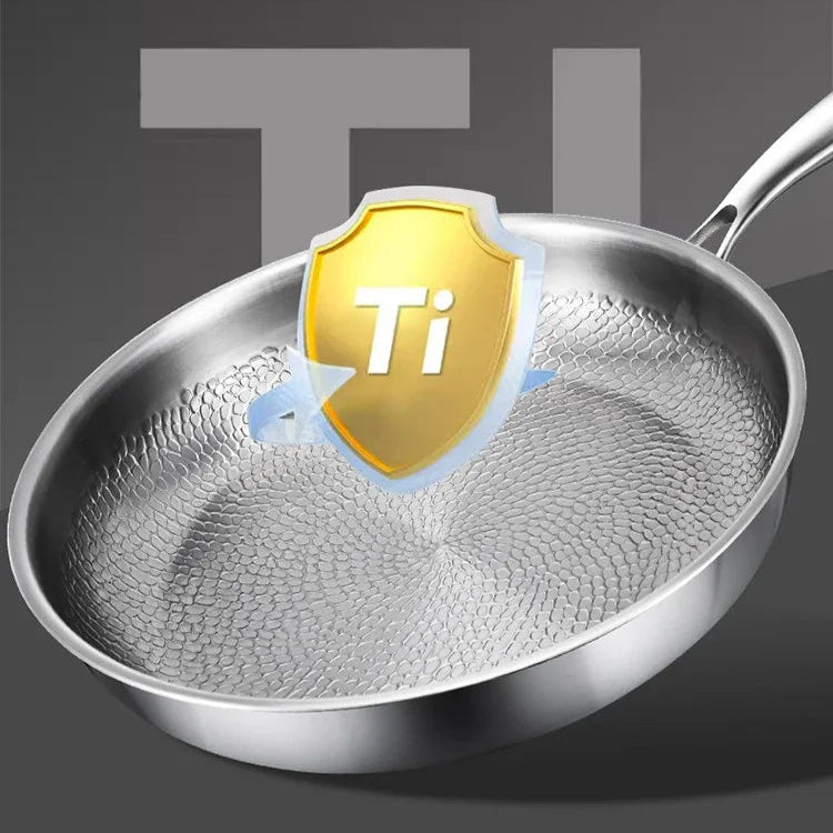 Stainless steel frying pan with a gold 'Ti' badge on a dark background