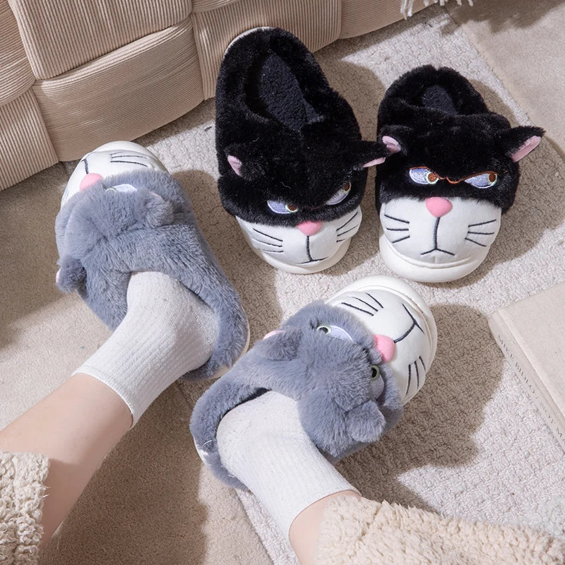 Women's Cat Plush Winter Slippers Indoor Furry House Shoes with Embroidered Face