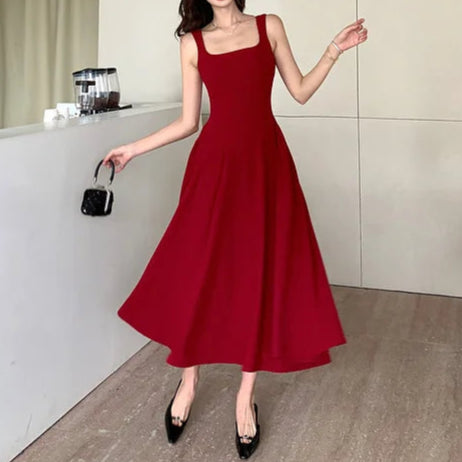 Women's A-Line Midi Dress – Vintage Square Collar, Sleeveless Party Dress