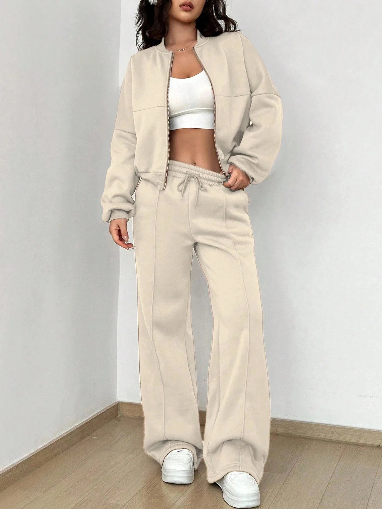 Women’s Casual Matching Tracksuit Set – Zipper Cardigan & Wide-Leg Drawstring Pants