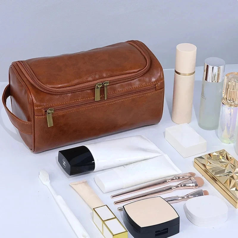 Leather Toiletry Bag Hanging Travel Dopp Kit, Water-Resistant Cosmetic Organizer