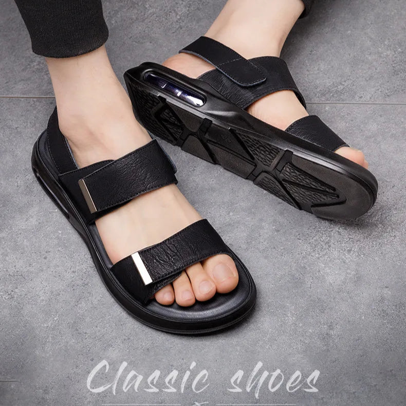 Men’s Summer Leather Sandals – Casual Beach Shoes with Hook & Loop Strap