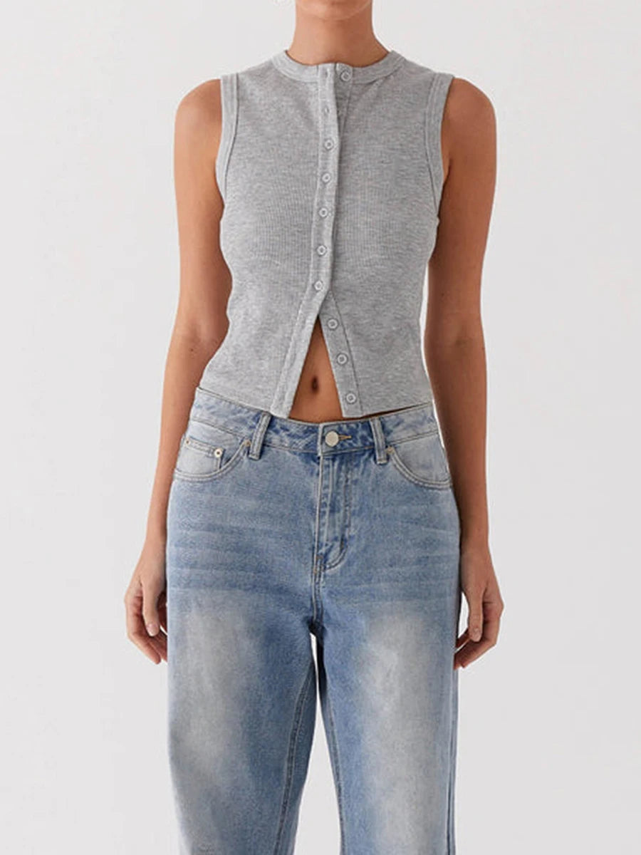 Women’s Ribbed Button Down Tank Top – Slim Fit Y2K Crop Vest with Comfy Stretch Fit