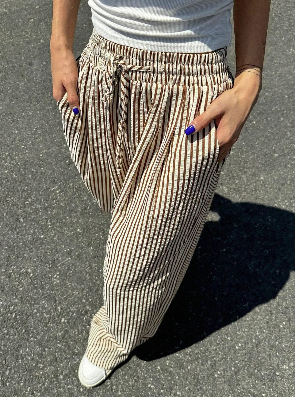 Striped Wide-Leg Pants – Casual Drawstring Jersey Trousers with Pockets for Women