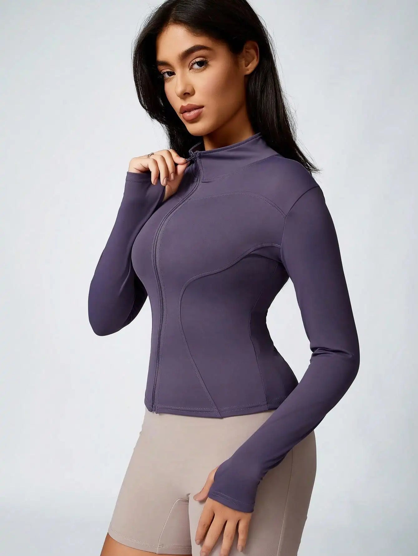 Women’s Zip-Up Sports Jacket – Slim Fit Turtleneck Long Sleeve Activewear Top