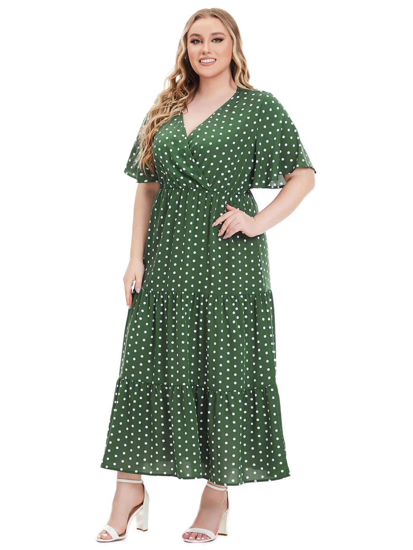 Plus Size Polka Dot V-Neck Boho Maxi Dress