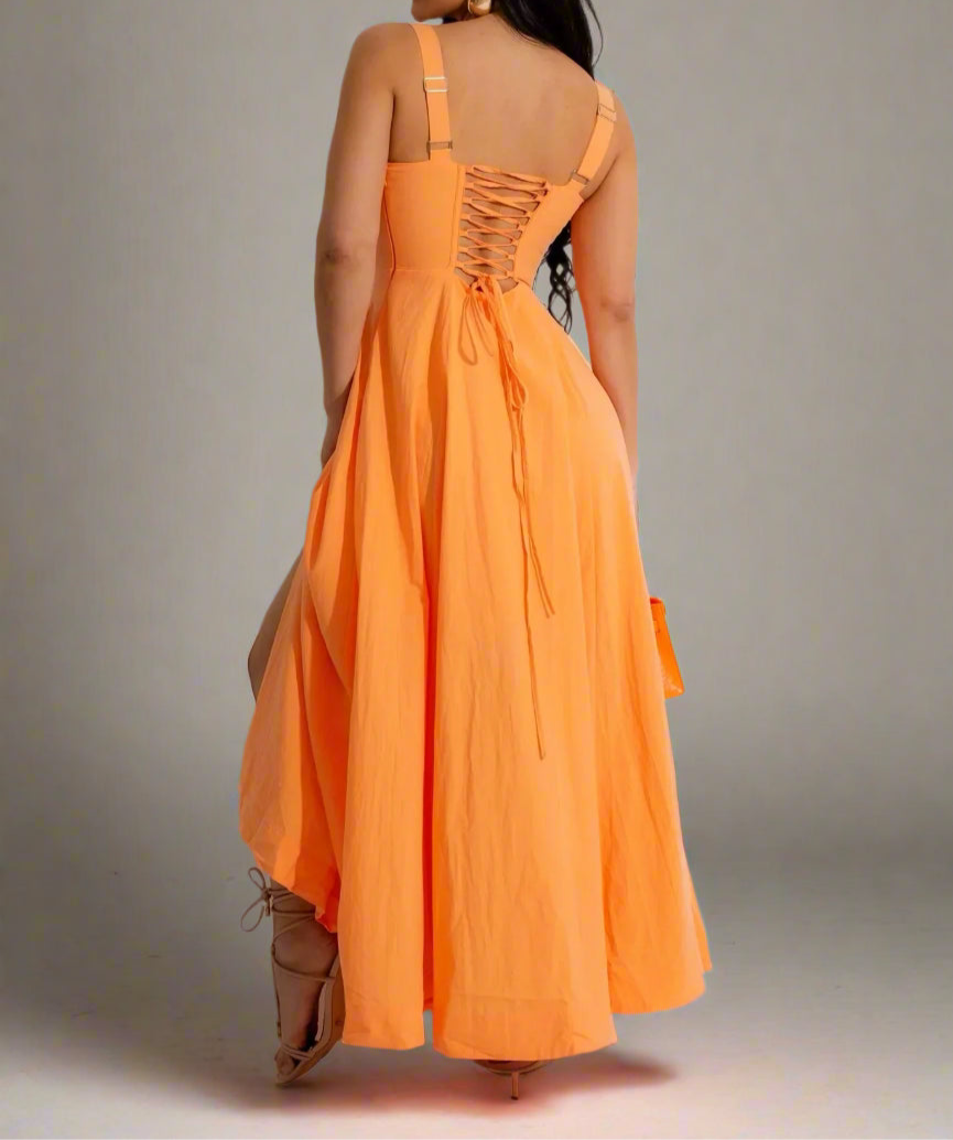 Women’s Strapless A-Line Slit Dress – Casual Elegant Waistband Maxi Dress