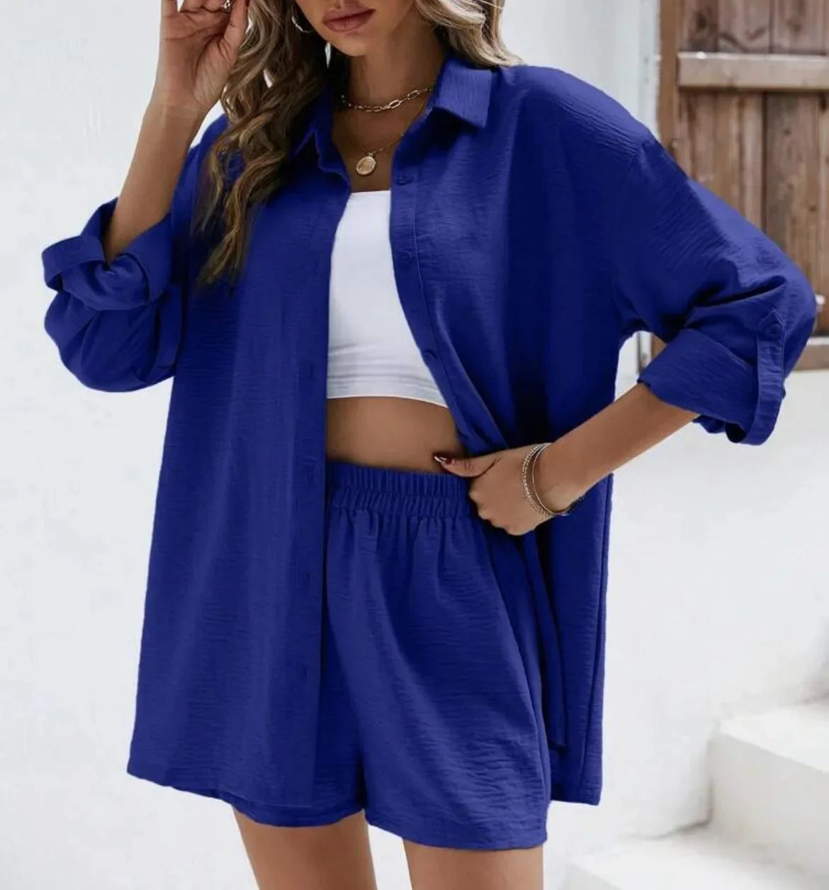 Spring Shirt and Shorts Set – Solid Colour Lapel Top with High-Waist Elastic Shorts