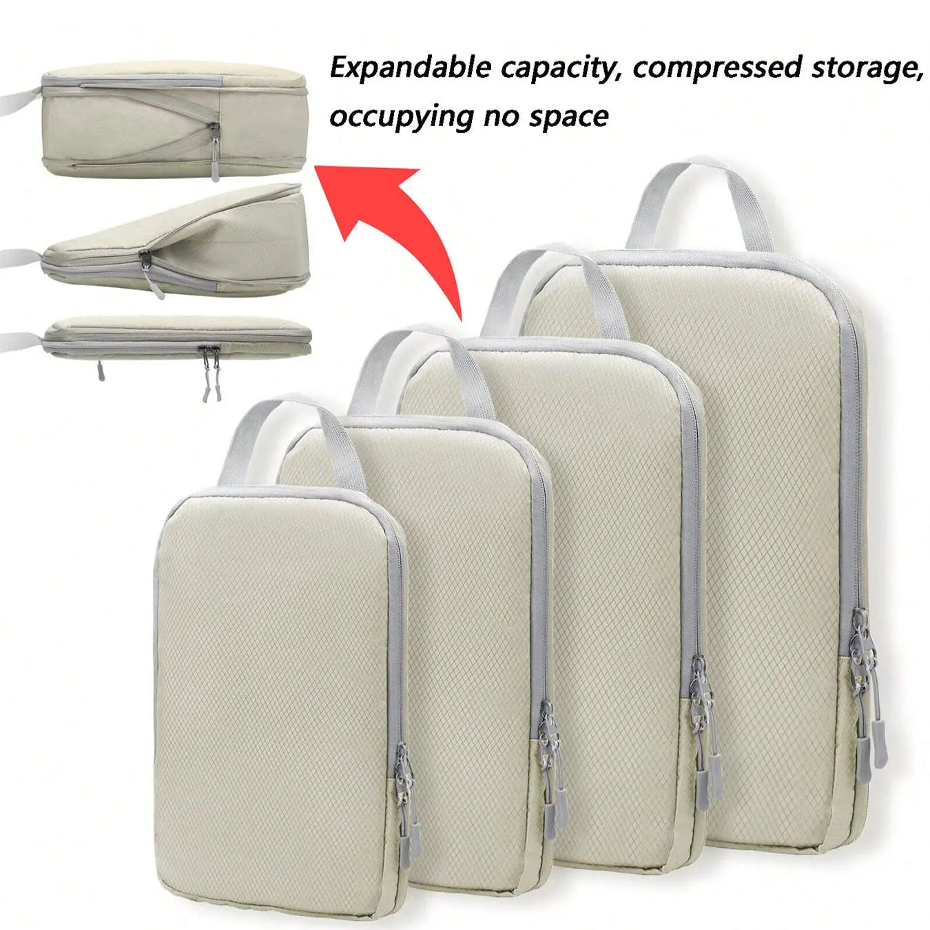 A set of four beige travel packing cubes of various sizes with zipper closure, alongside a portable handbag. The cubes are shown in different configurations to demonstrate their expandable and compressible features.