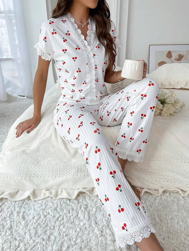 Cherry Print Lace Patchwork Pyjama Set – Cute 2PCS Summer Loungewear Set