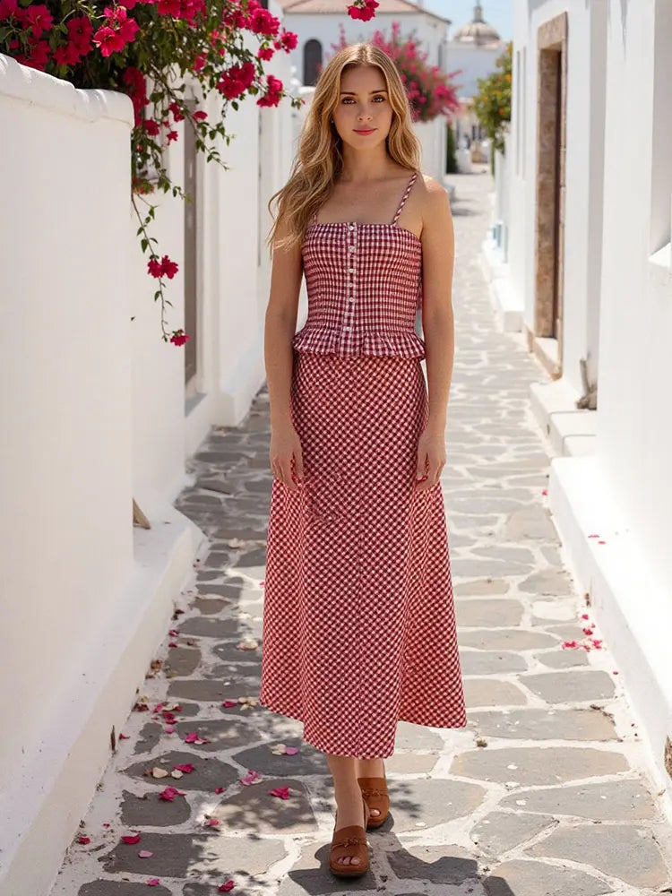 Women’s Summer Plaid Two-Piece Set – Strapless Button Crop Top & A-Line Skirt