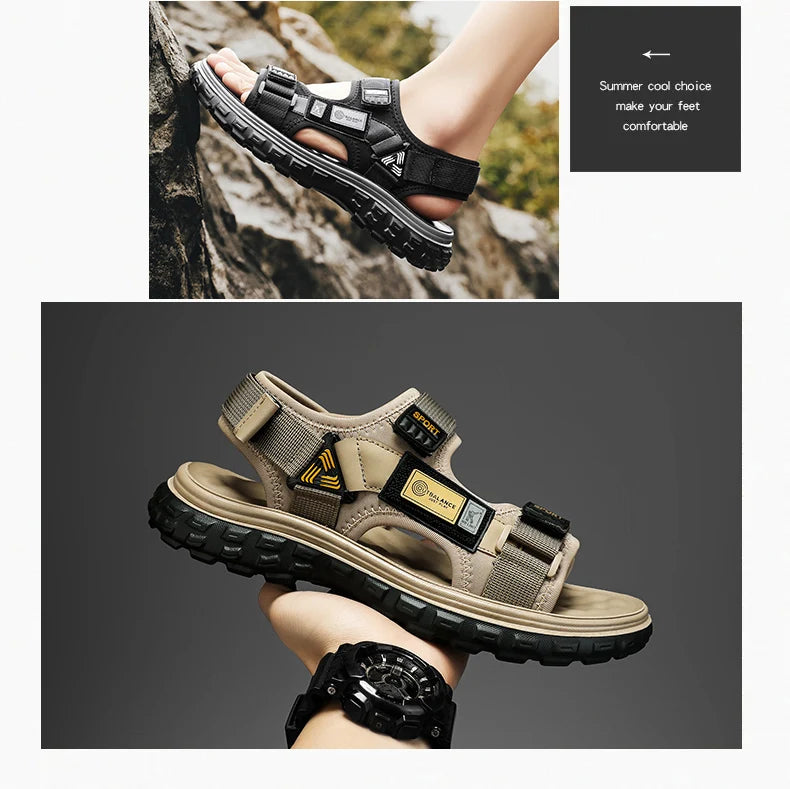 Men’s Outdoor Leather Sandals – Breathable Hiking Shoes with Elastic Strap