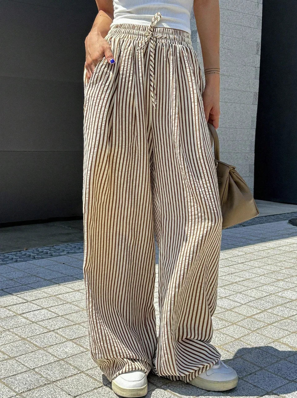 Striped Wide-Leg Pants – Casual Drawstring Jersey Trousers with Pockets for Women