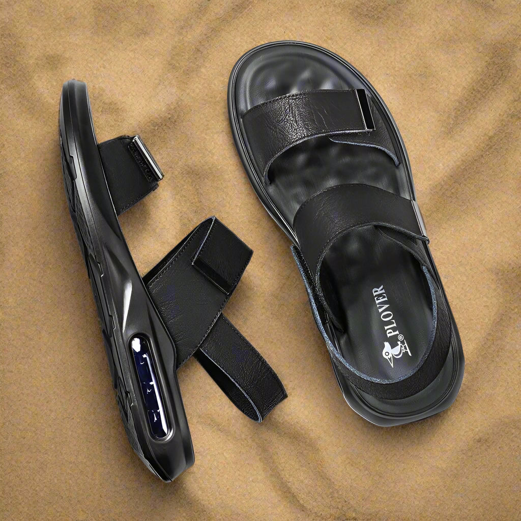 Men’s Summer Leather Sandals – Casual Beach Shoes with Hook & Loop Strap