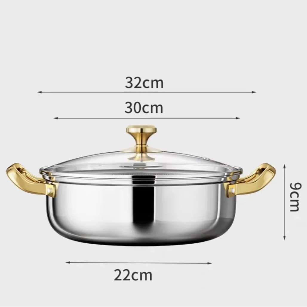 Stainless steel pot with gold handles and lid, shown with dimensions on a white background