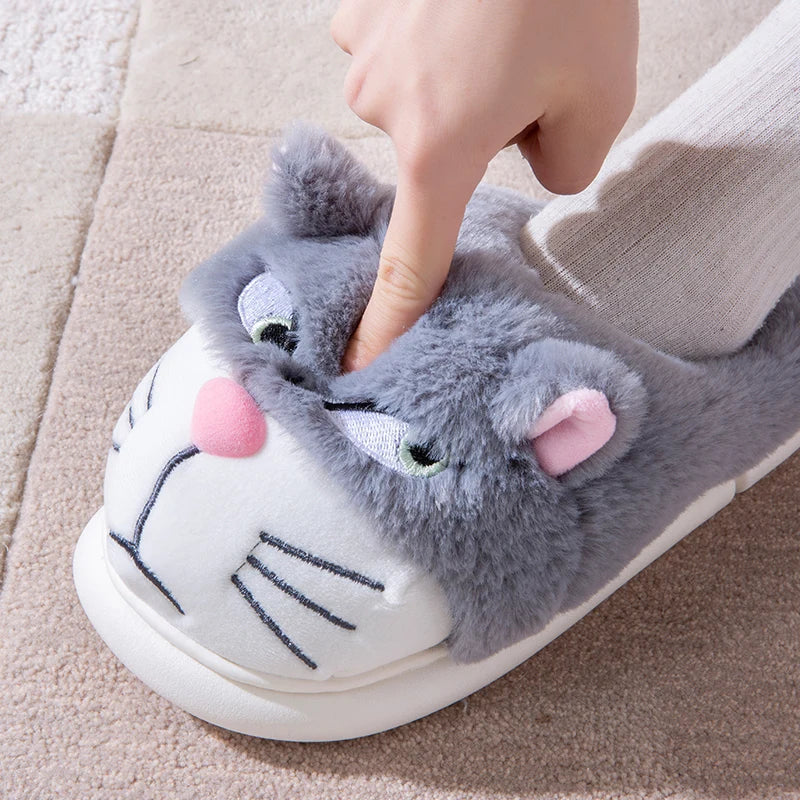 Women's Cat Plush Winter Slippers Indoor Furry House Shoes with Embroidered Face