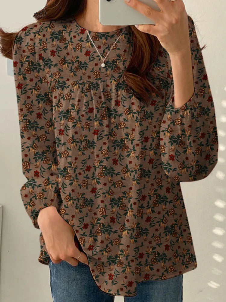 Floral Cotton Blouse – Bohemian Long Sleeve O-Neck Casual Shirt