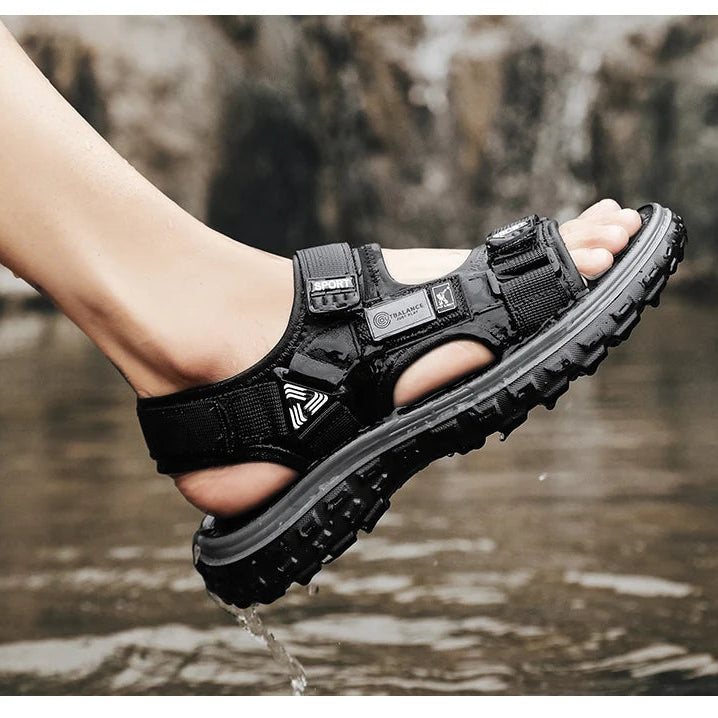 Men’s Outdoor Leather Sandals – Breathable Hiking Shoes with Elastic Strap