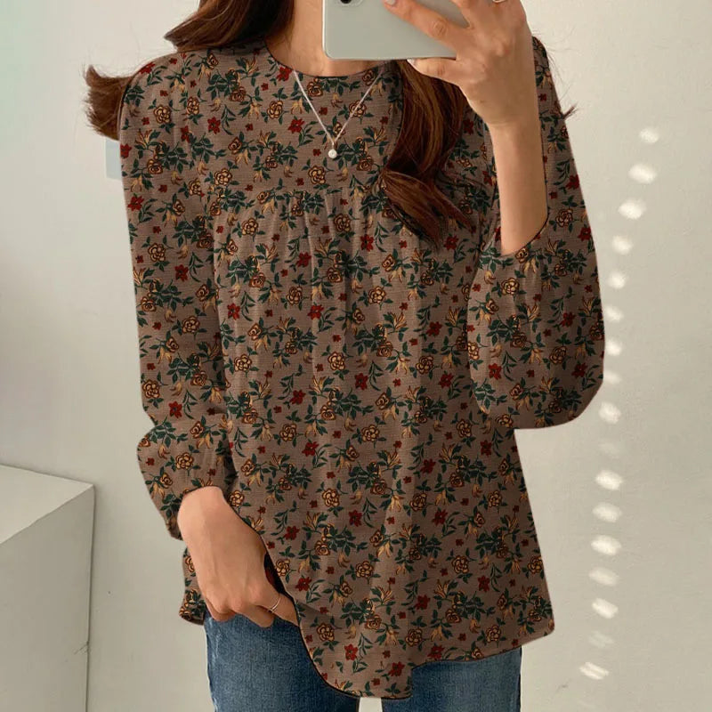 Floral Cotton Blouse – Bohemian Long Sleeve O-Neck Casual Shirt