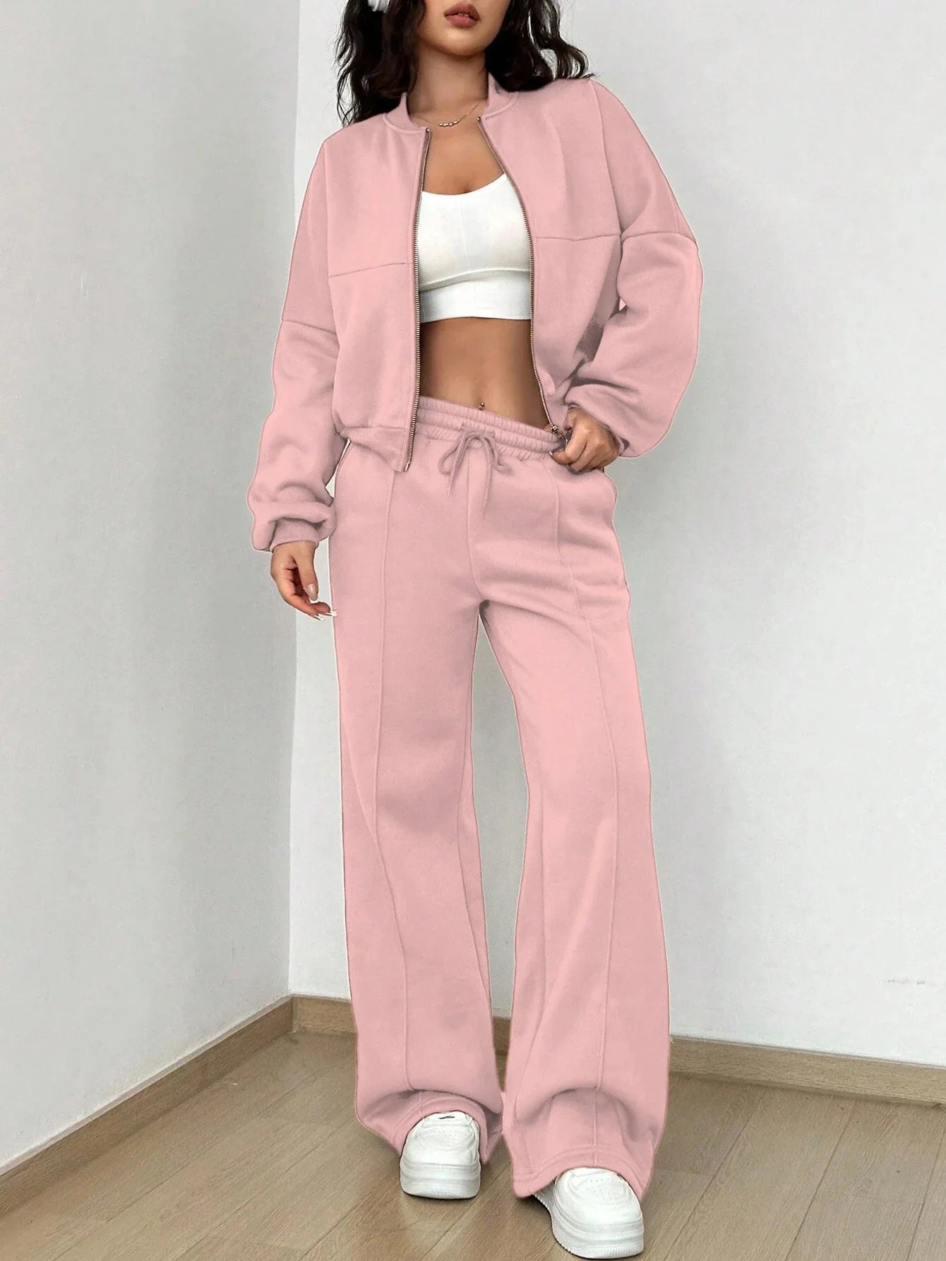 Women’s Casual Matching Tracksuit Set – Zipper Cardigan & Wide-Leg Drawstring Pants