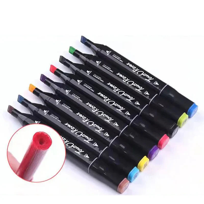 Set of black markers with colored caps on a white background