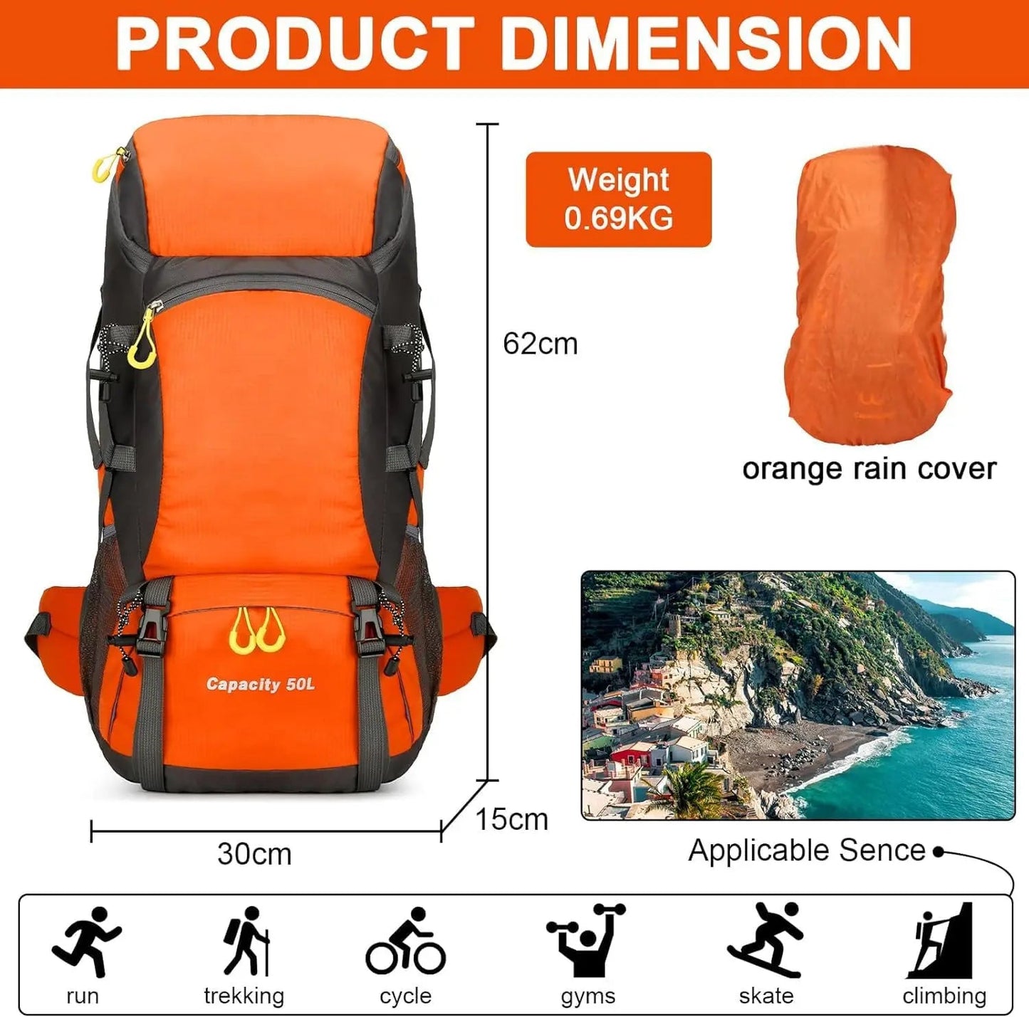 50L Waterproof Hiking Backpack – Lightweight Travel & Trekking Bag with Rain Cover Dealprice.co.uk