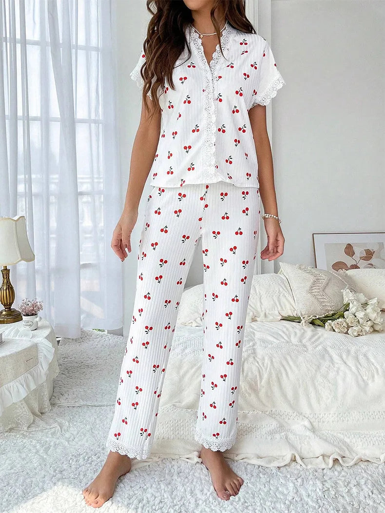 Cherry Print Lace Patchwork Pyjama Set – Cute 2PCS Summer Loungewear Set