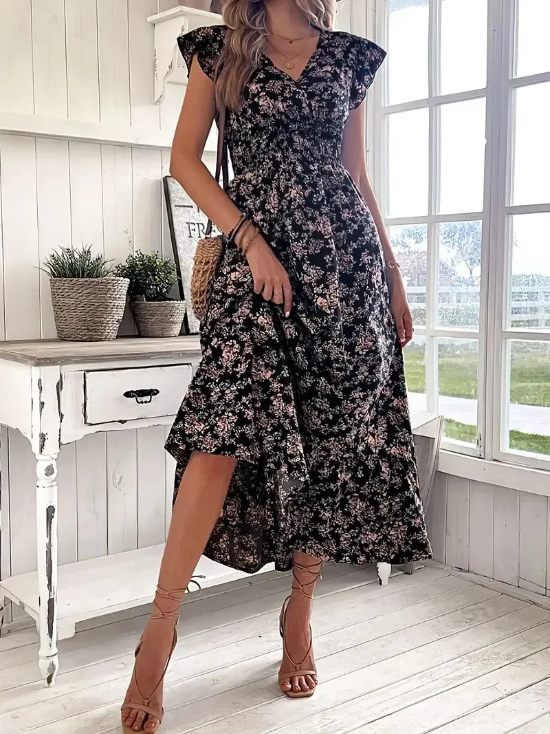 Plus Size Floral Maxi Dress for Women – V-Neck Ruffle Sleeve Summer Dress