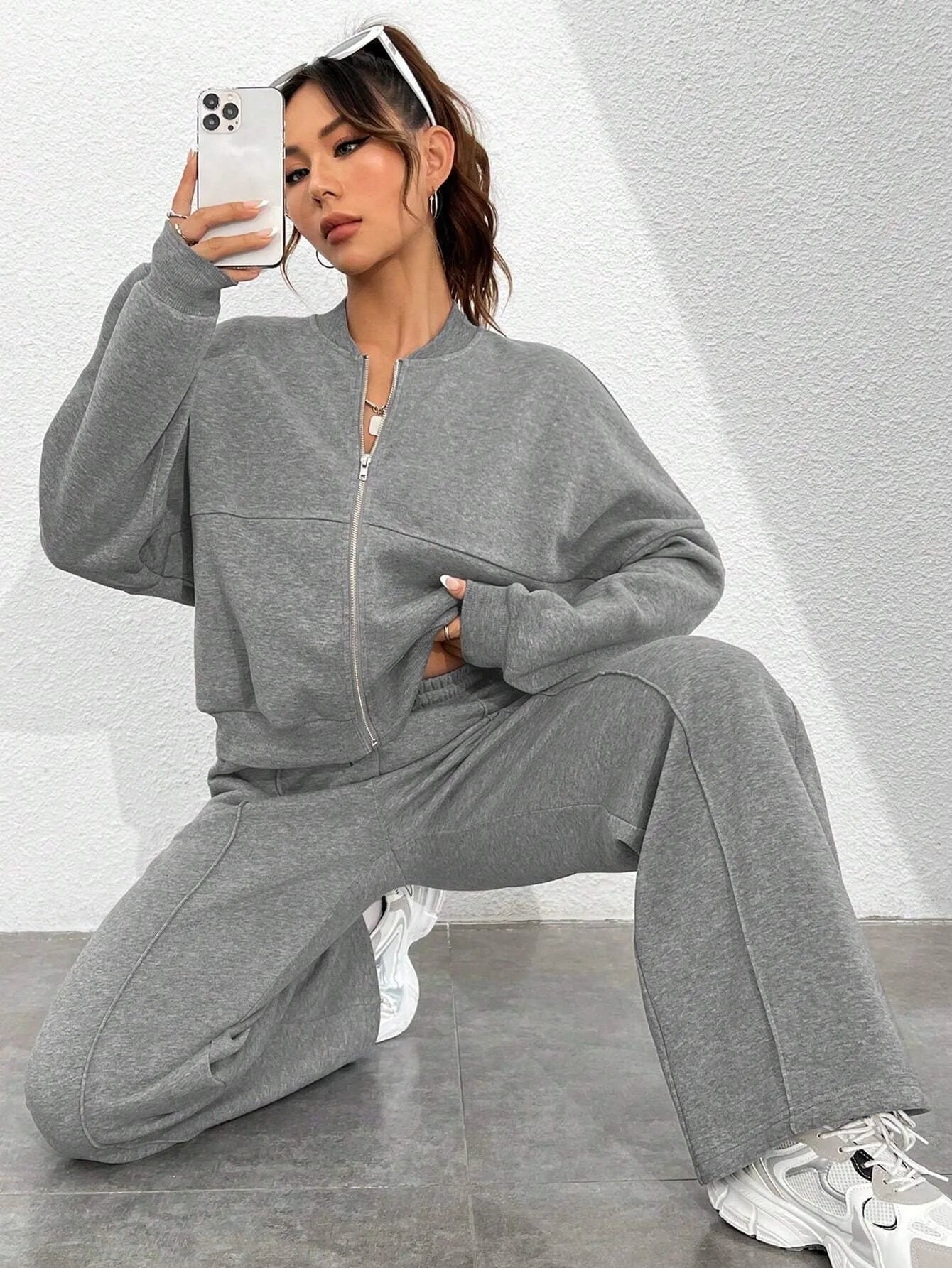 Women’s Casual Matching Tracksuit Set – Zipper Cardigan & Wide-Leg Drawstring Pants