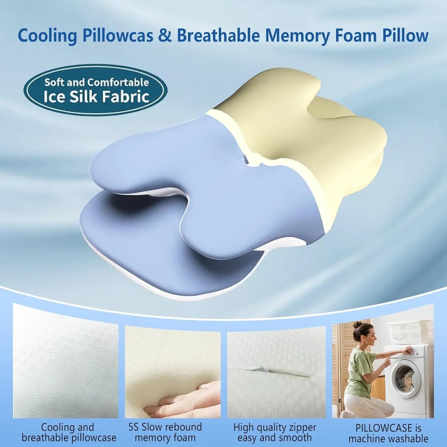 Cooling pillowcase and breathable memory foam pillow with ice silk fabric, shown with features and usage scenarios.