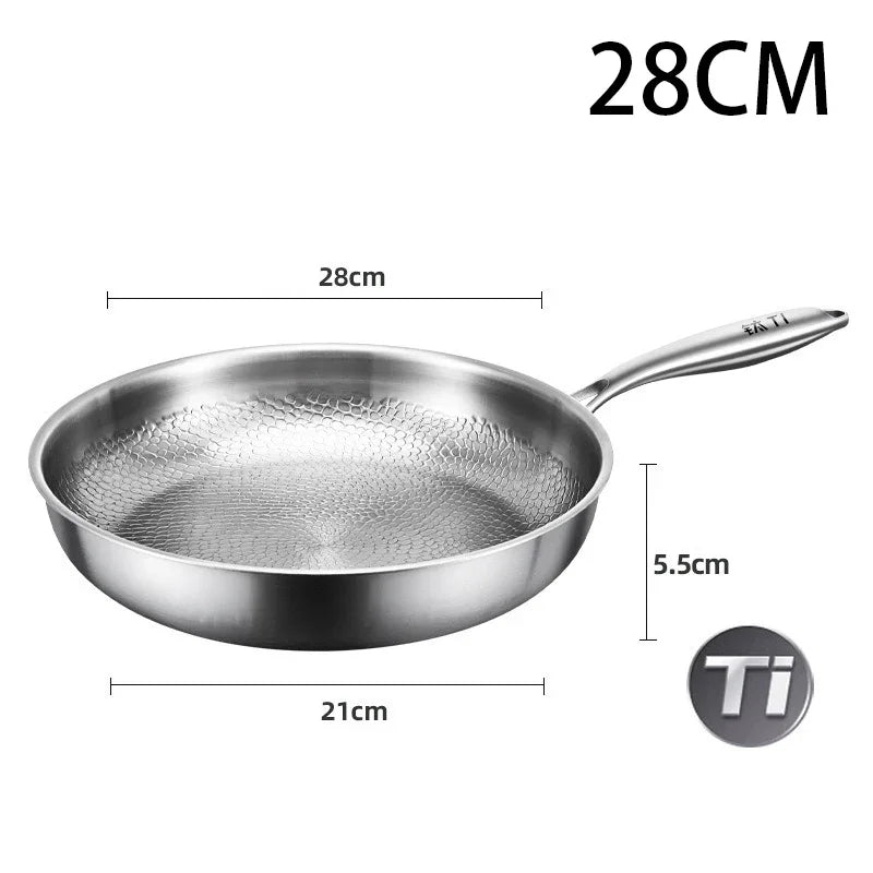 Stainless steel frying pan with dimensions labeled on a white background
